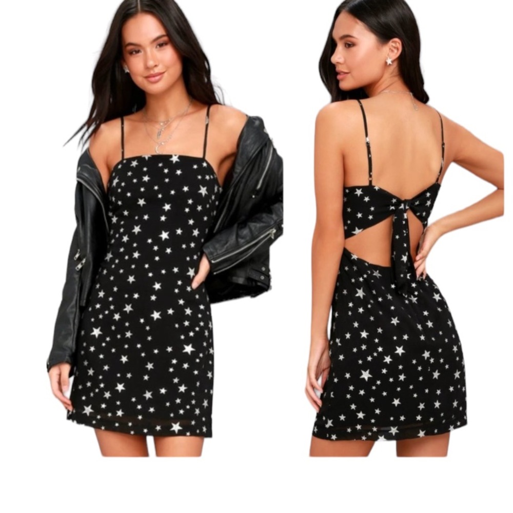 Lulu's Glitter Star Print Black & Silver Tie-Back Mini Dress Sz M